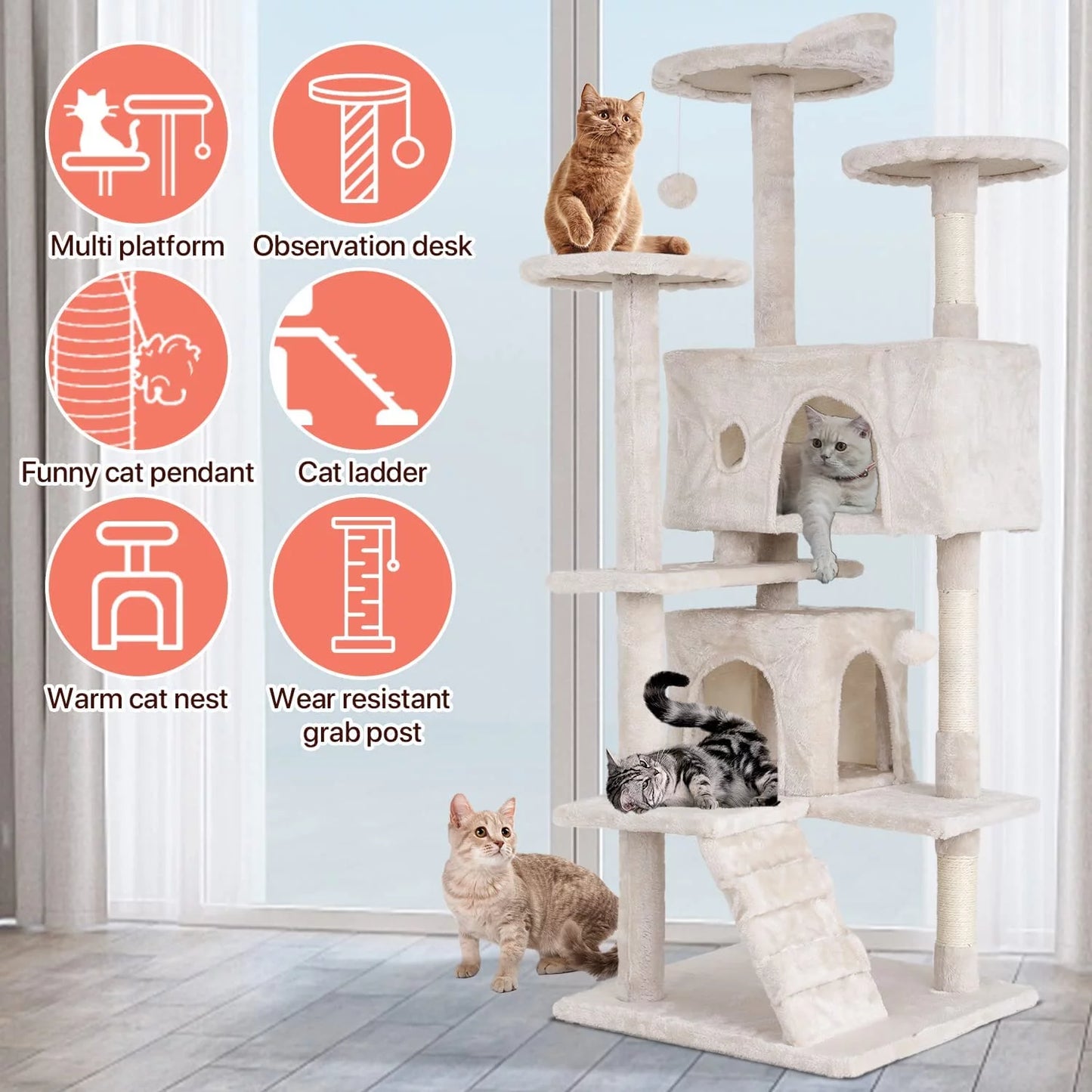 54-In Double Condo Cat Tree Tower Playhouse with Scratching Post & Perch for Indoor, Beige